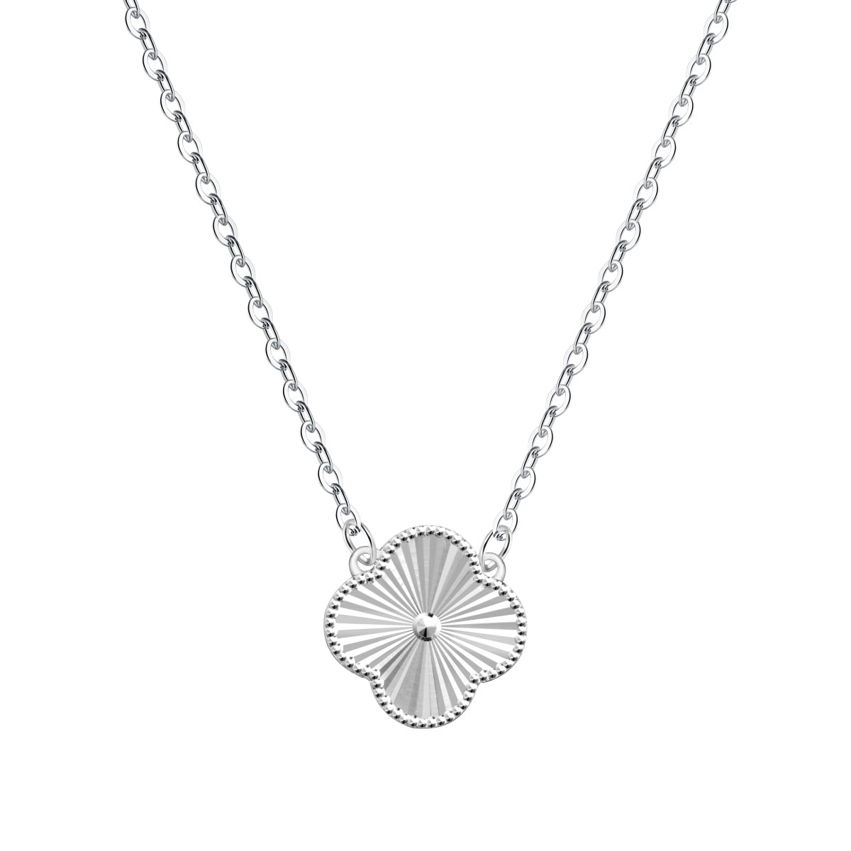 Silver necklace with a sunburst four leaf clover pendant on a white background