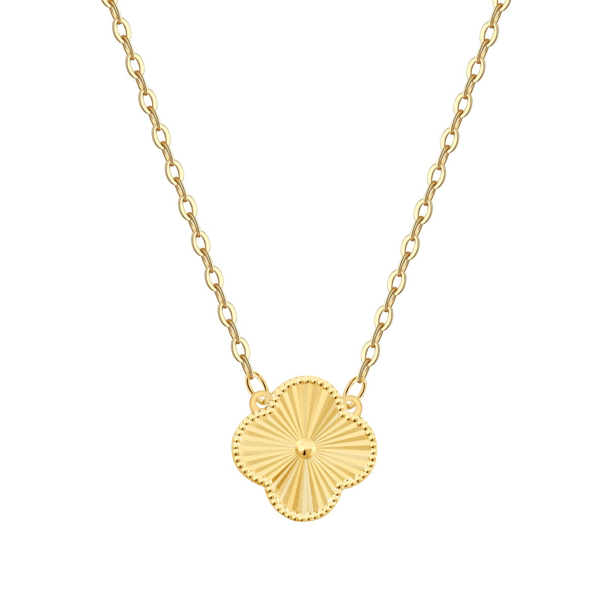 18k Gold necklace with a sunburst four leaf clover pendant on a white background