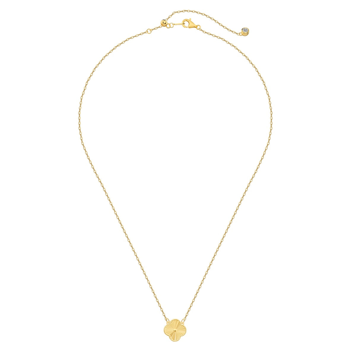 Gold necklace with a small floral motif pendant on a white background