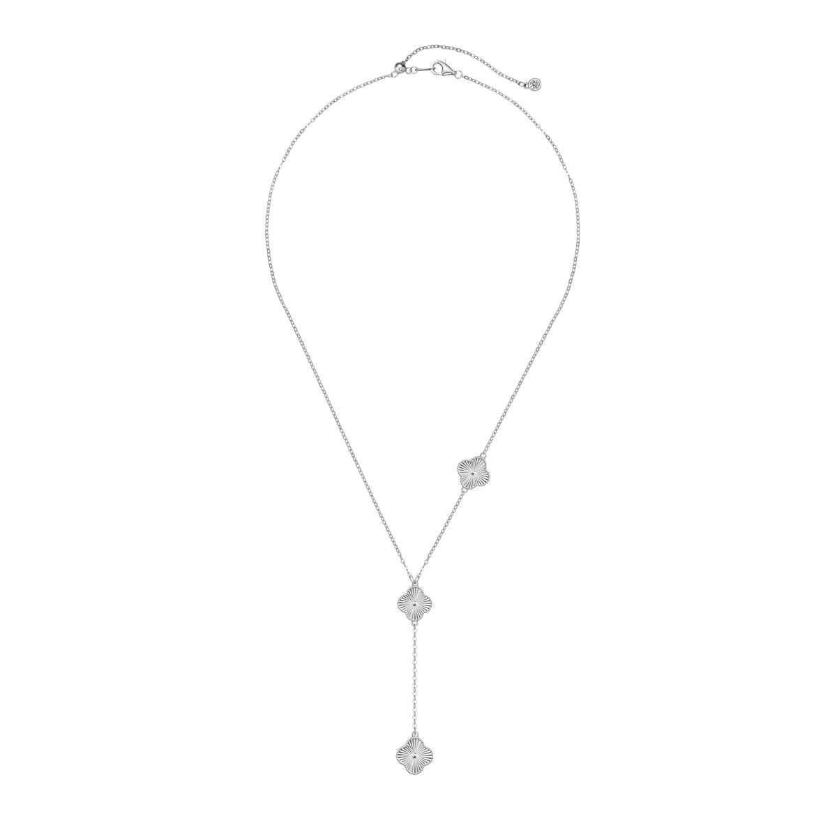 four leaf clover drop Silver necklace with a y-shaped pendant on a white background