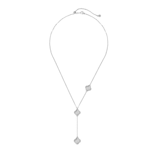 four leaf clover drop Silver necklace with a y-shaped pendant on a white background