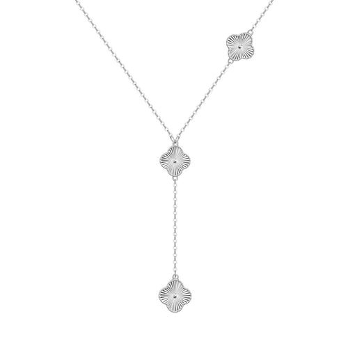 Silver necklace with four leaf clover drop pendant on a white background