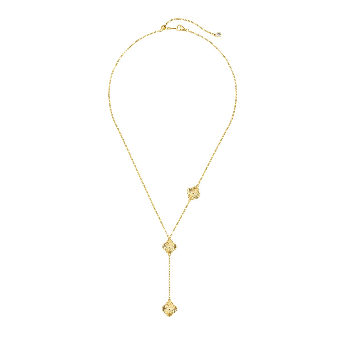 Gold necklace with  four leaf clover drop pendant on a white background