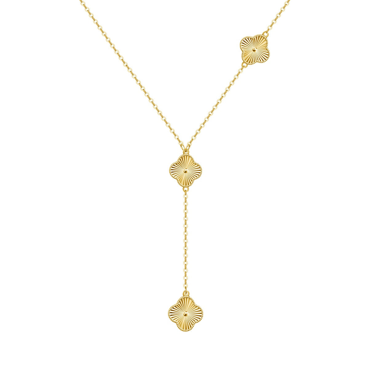 Gold necklace with four leaf clover drop pendants on a white background