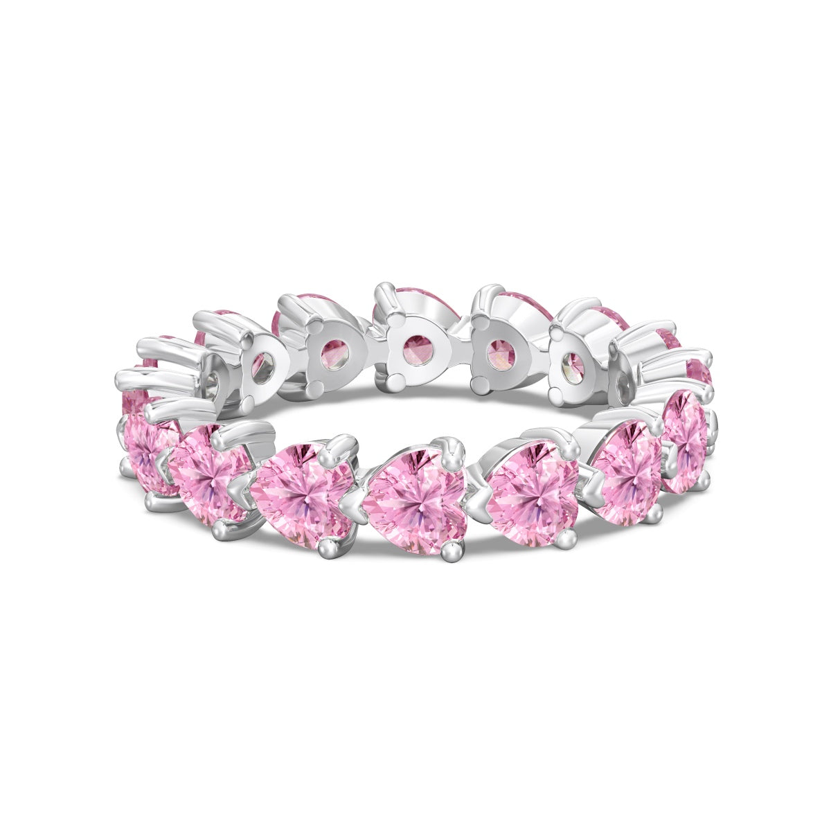 Silver eternity ring with pink gemstones on a white background