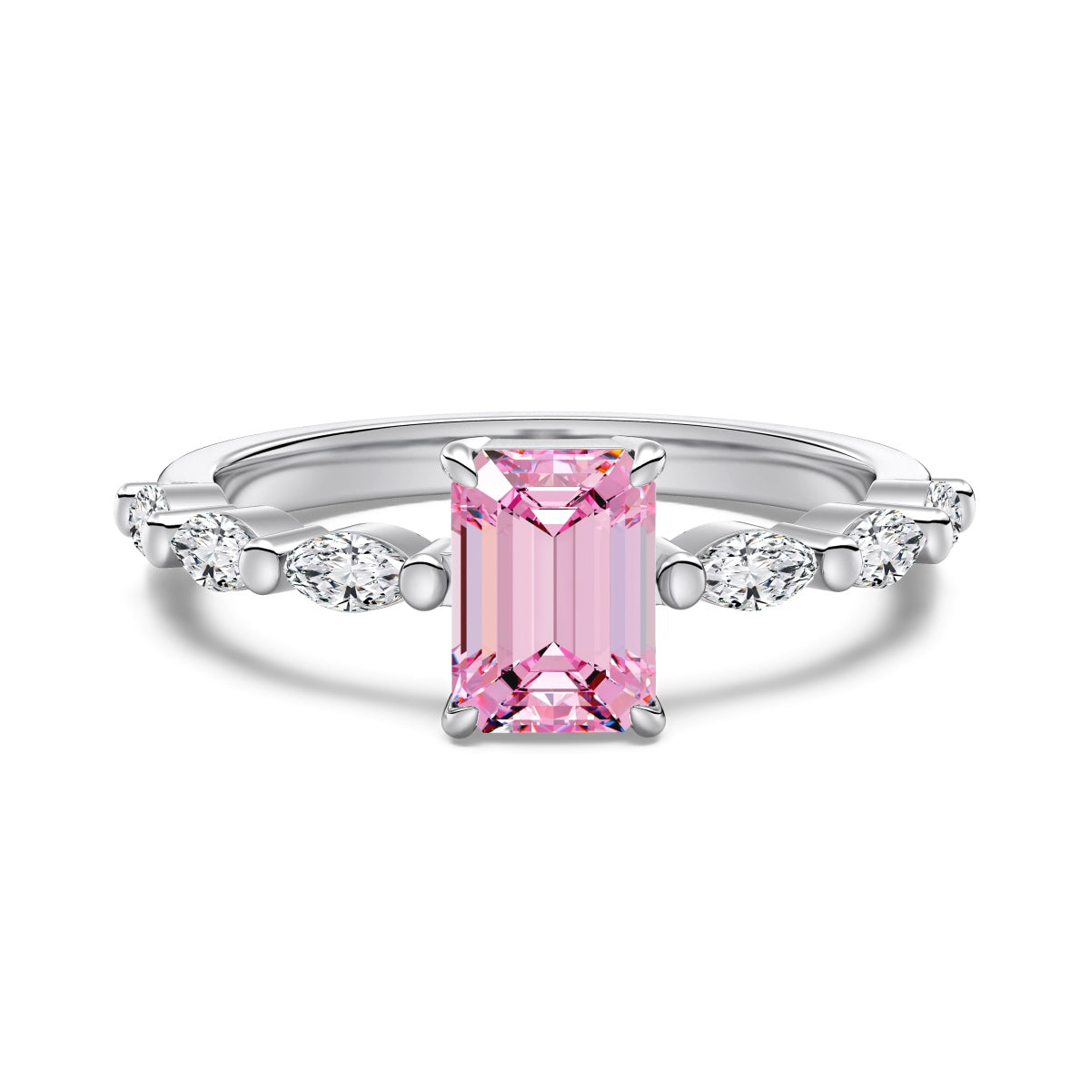 Ring with a pink gemstone and diamond-studded band on a white background
