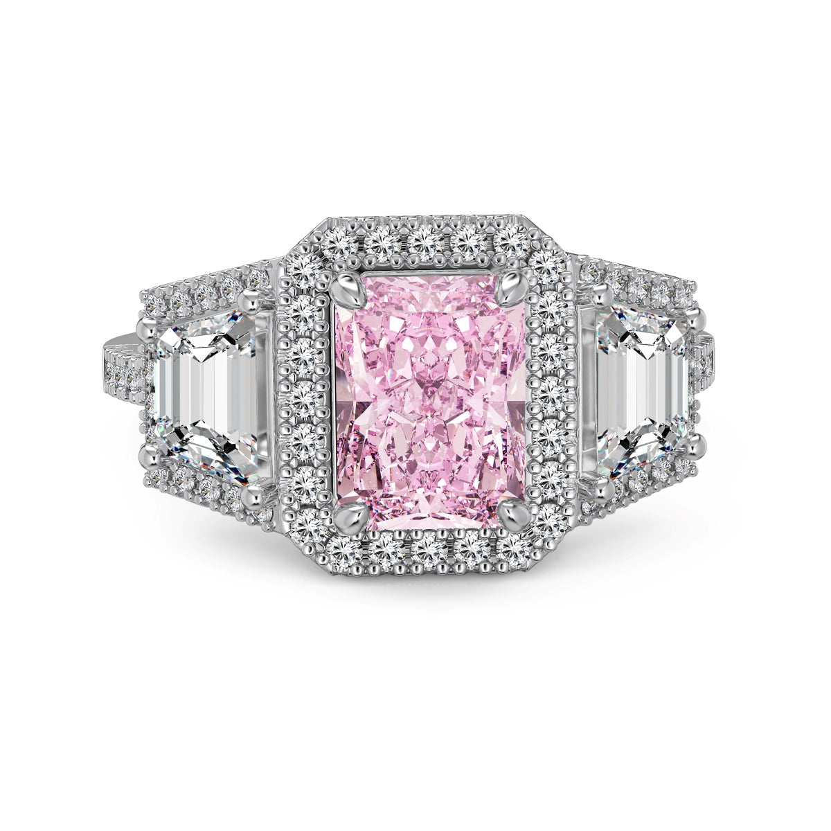 Pink diamond ring with white gemstones on a white background