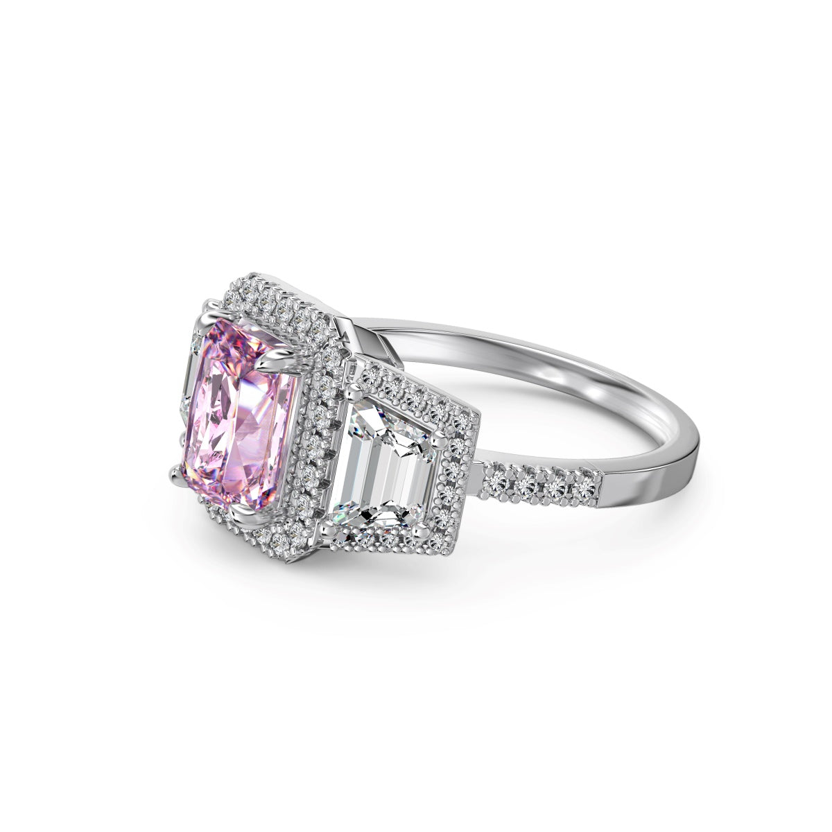 Silver ring with a pink gemstone on a white background