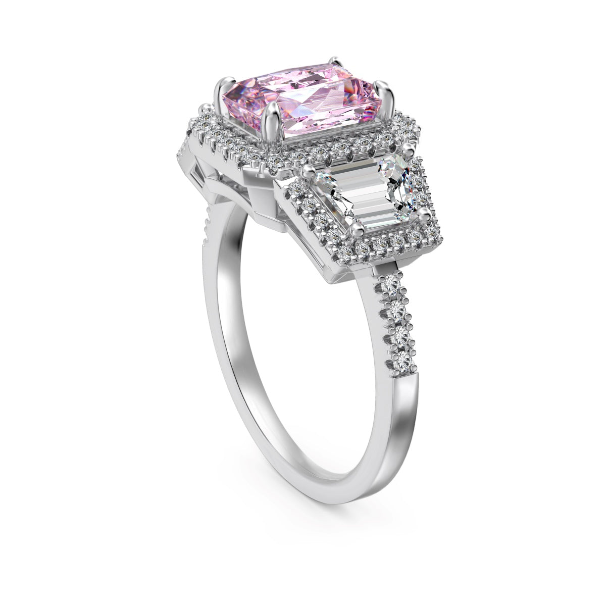 Elegant ring with a pink gemstone and diamond accents on a white background