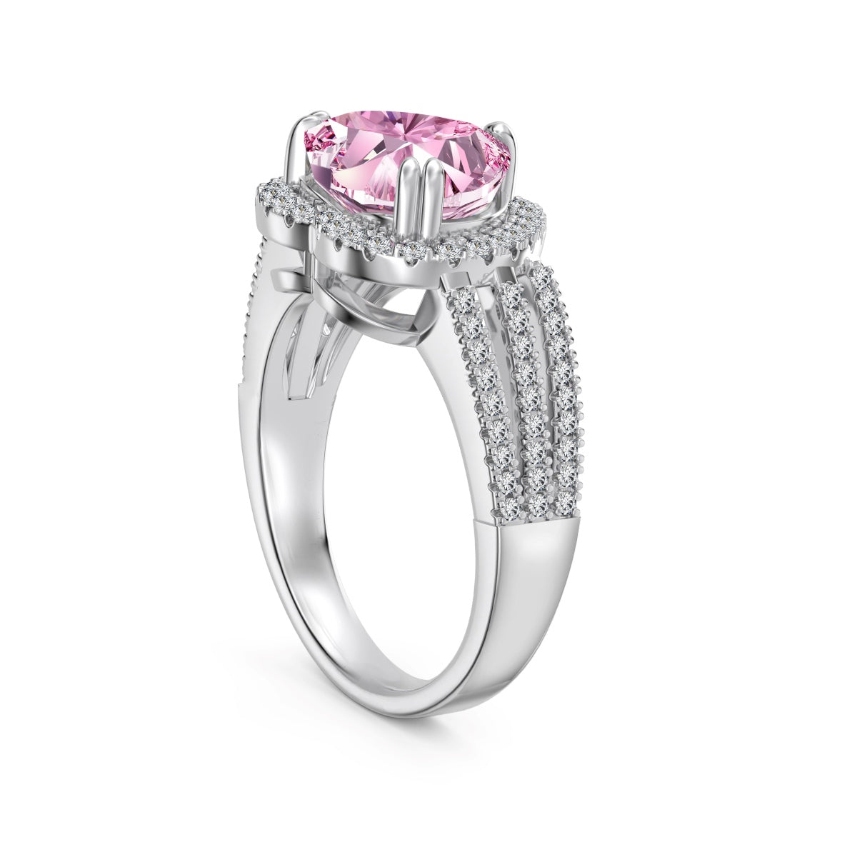 Silver ring with a pink gemstone on a white background