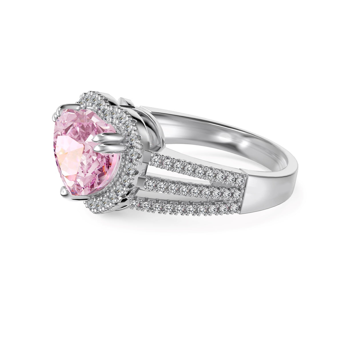 Silver ring with a pink gemstone on a white background