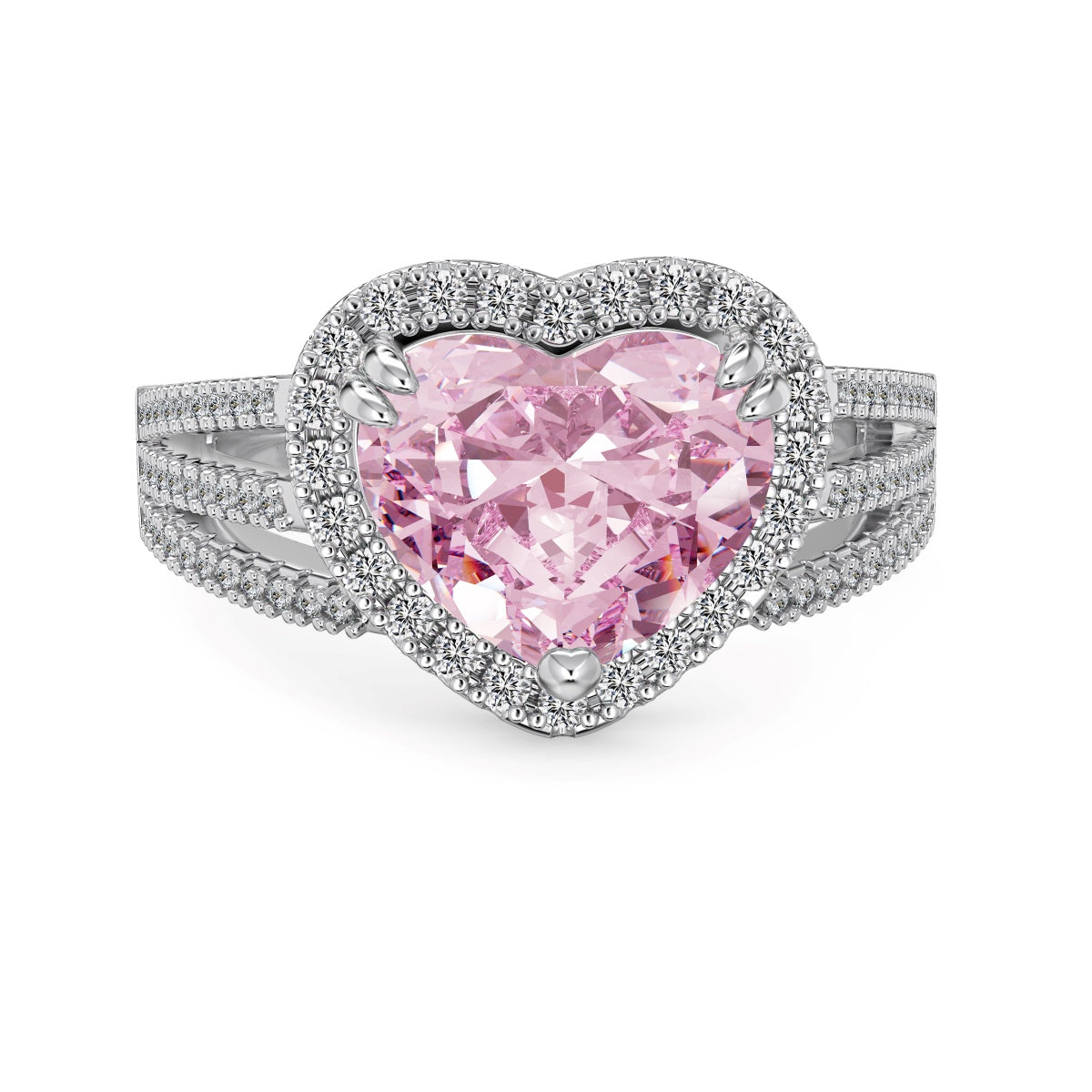 Heart-shaped pink gemstone ring with silver setting on a white background