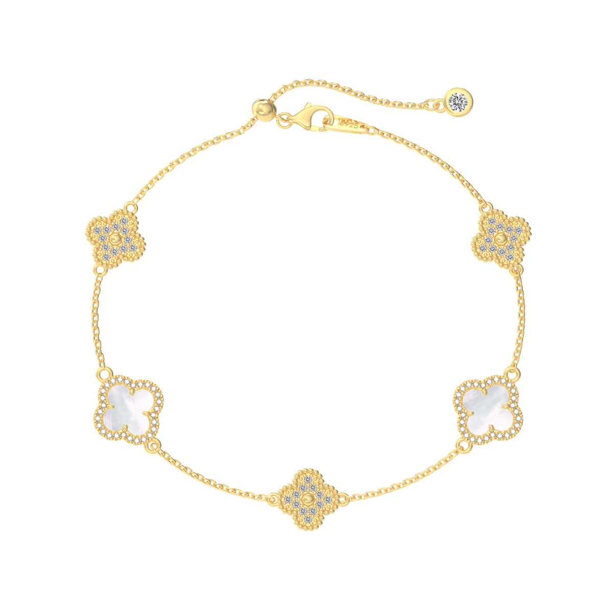 Gold clover bracelet with diamond accents on a white background