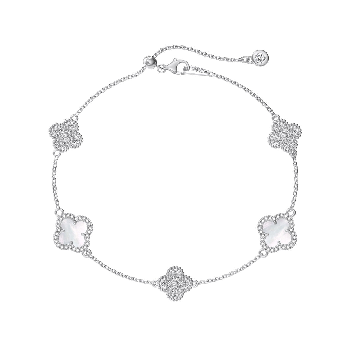 Silver clover bracelet with diamond-like stones on a white background