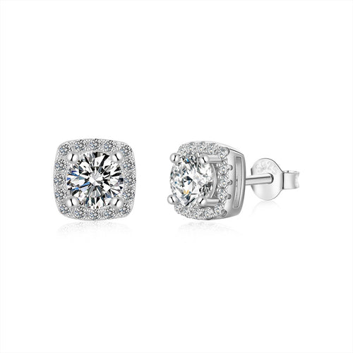 Pair of silver diamond stud earrings with clear gemstones on a white background