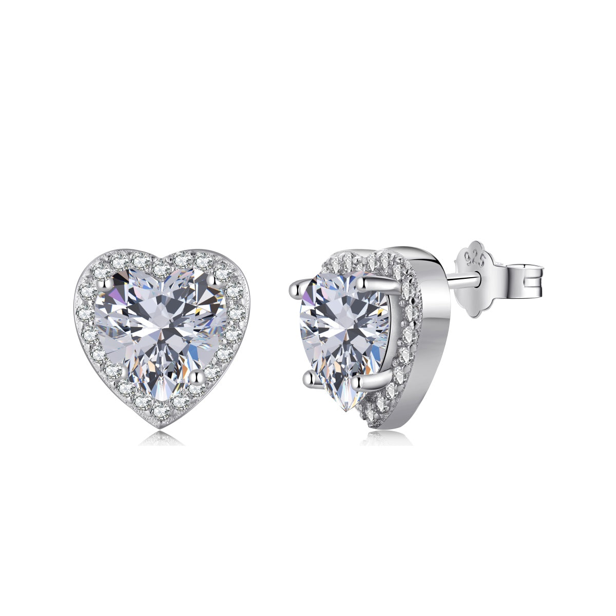 Heart-shaped stud earrings with clear gemstones on a white background
