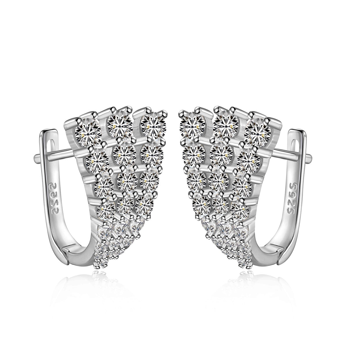 Pair of silver hoop earrings with clear gemstones on a white background