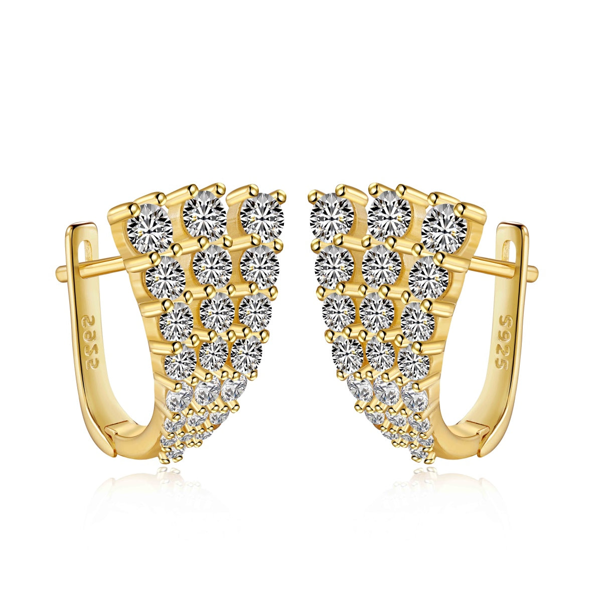 Gold hoop earrings with diamond-like stones on a white background