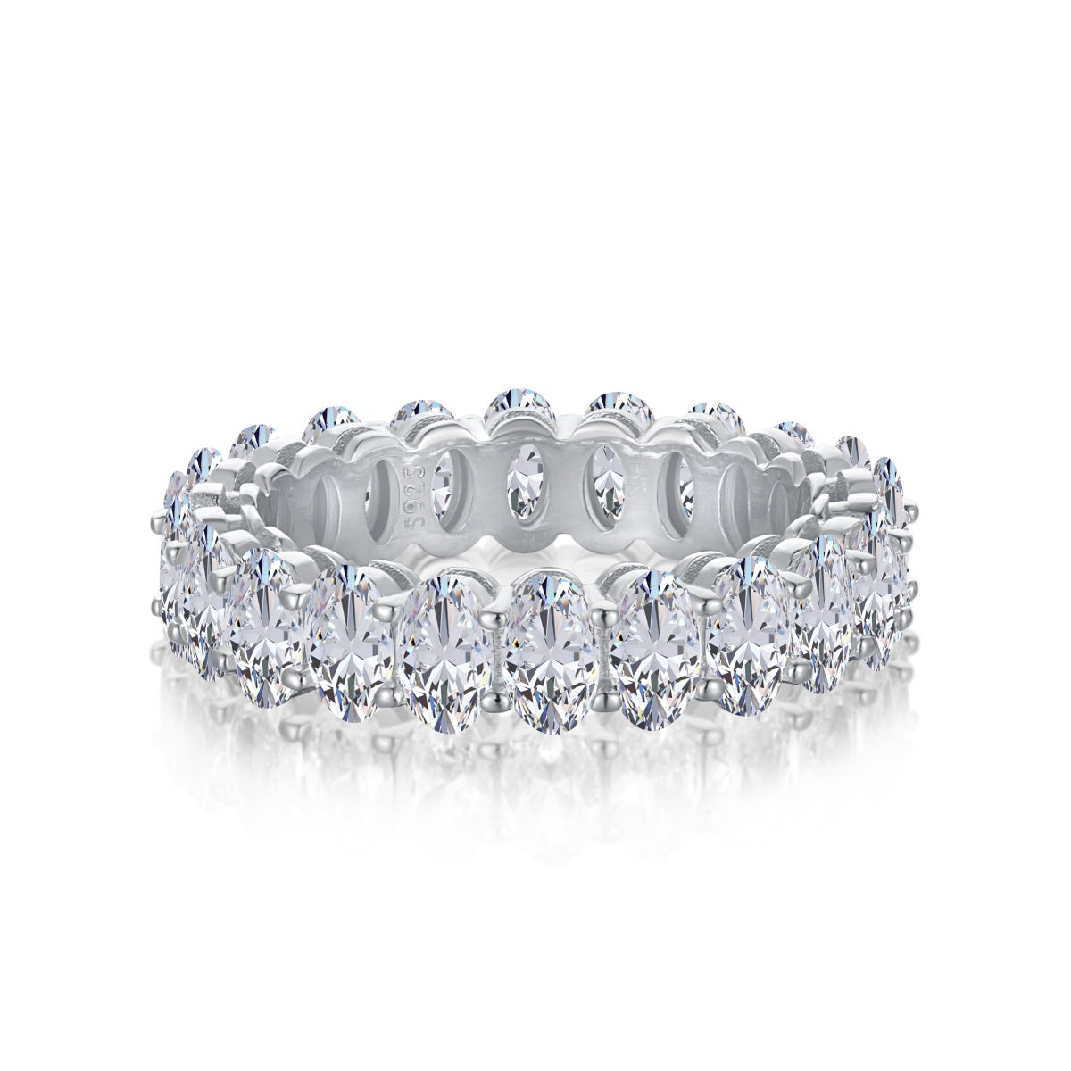 Silver eternity ring with clear gemstones on a white background