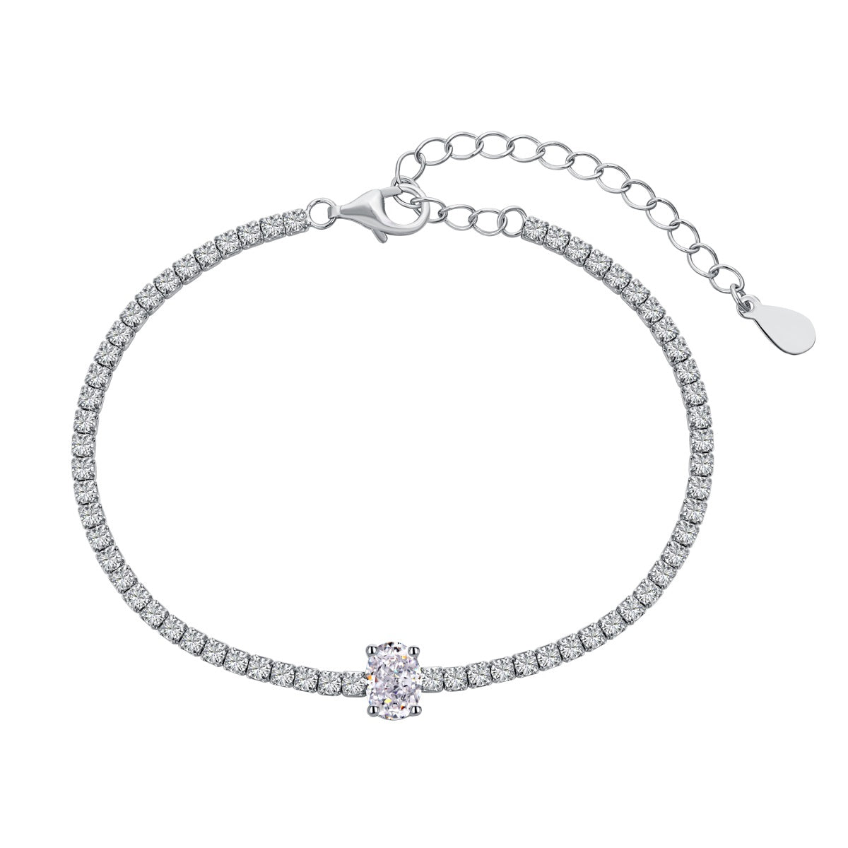 Silver tennis bracelet with a central gemstone on a white background