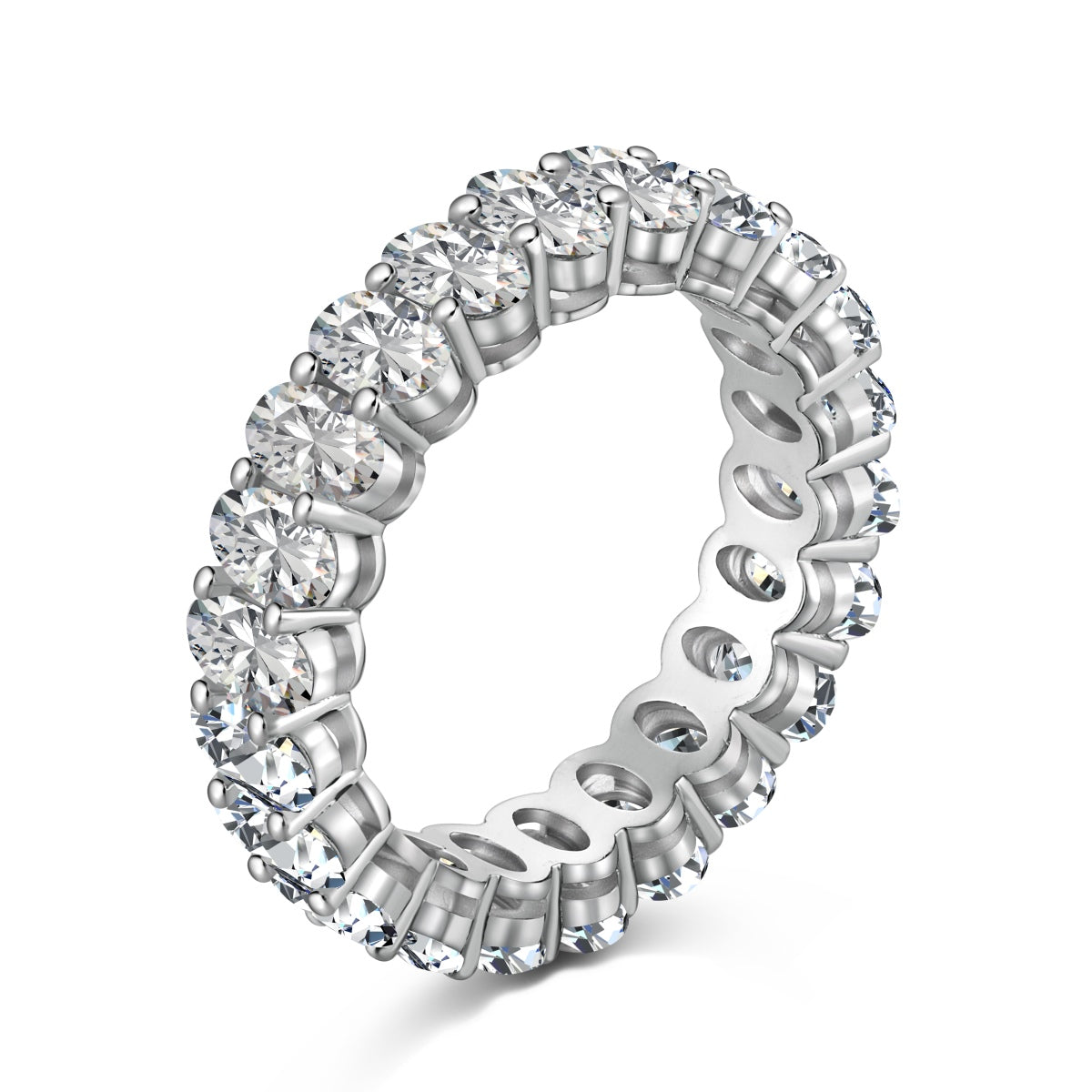 Silver eternity ring with diamonds on a white background