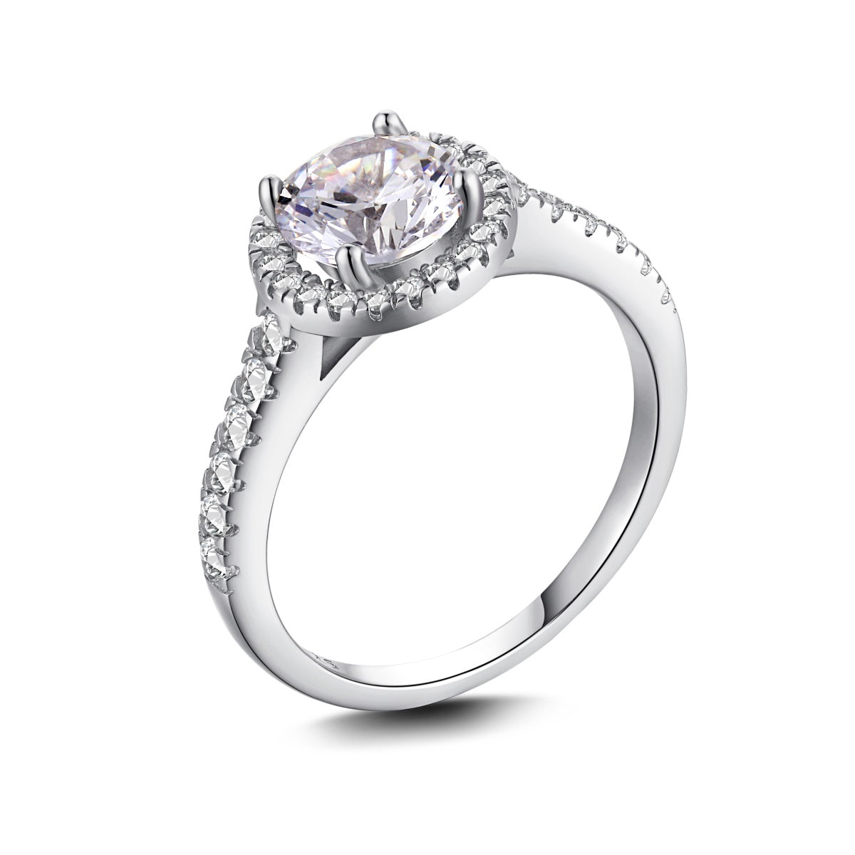 Silver ring with a large central gemstone and smaller stones on a white background