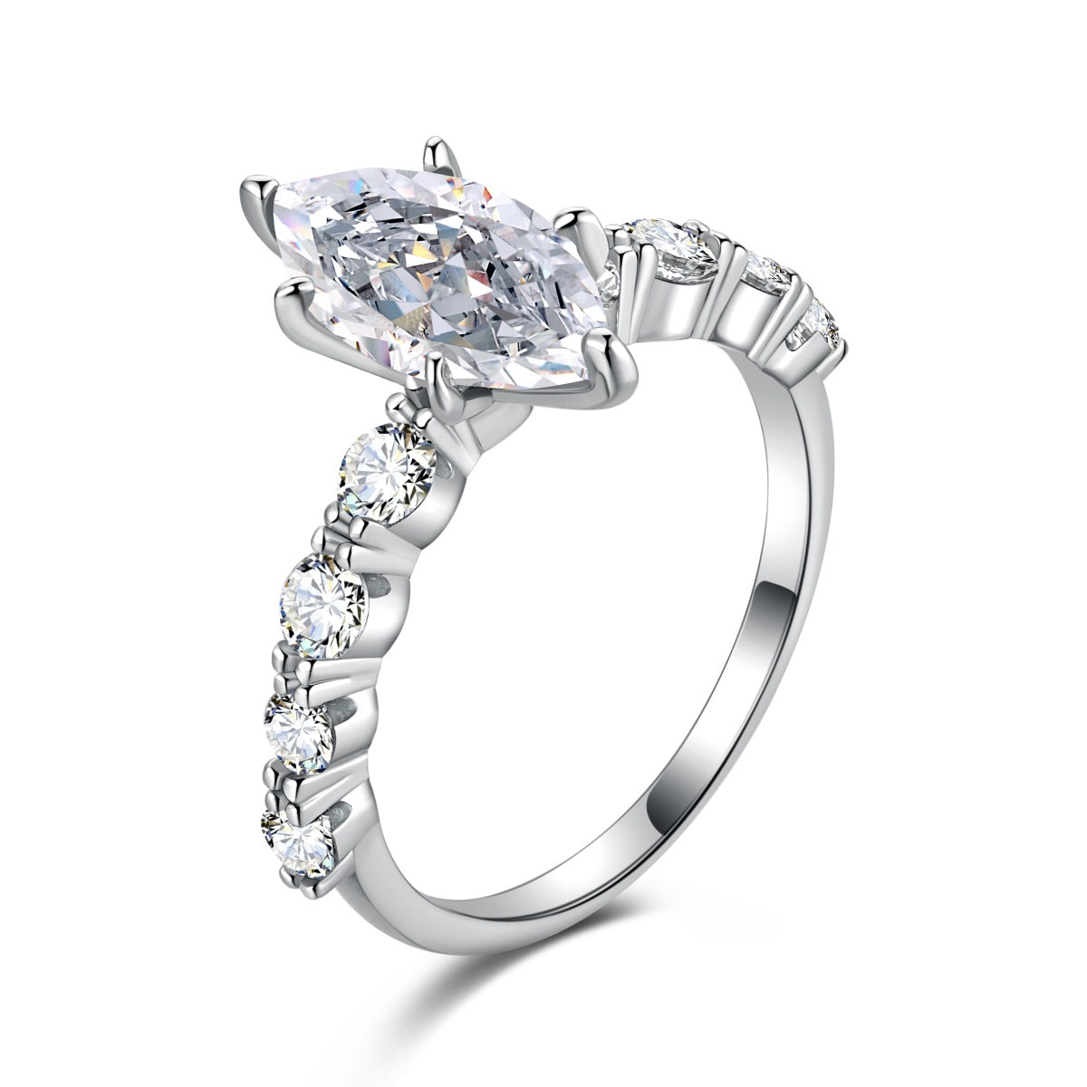Silver marquise  ring with a large central diamond and smaller diamonds on the band against a white background