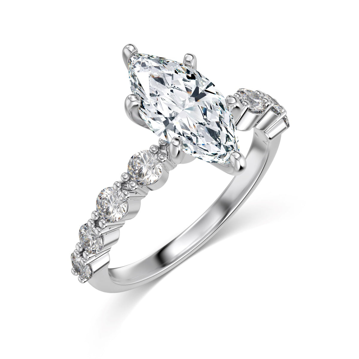 marquise Diamond ring with a central pear-shaped diamond and smaller round diamonds on a white background