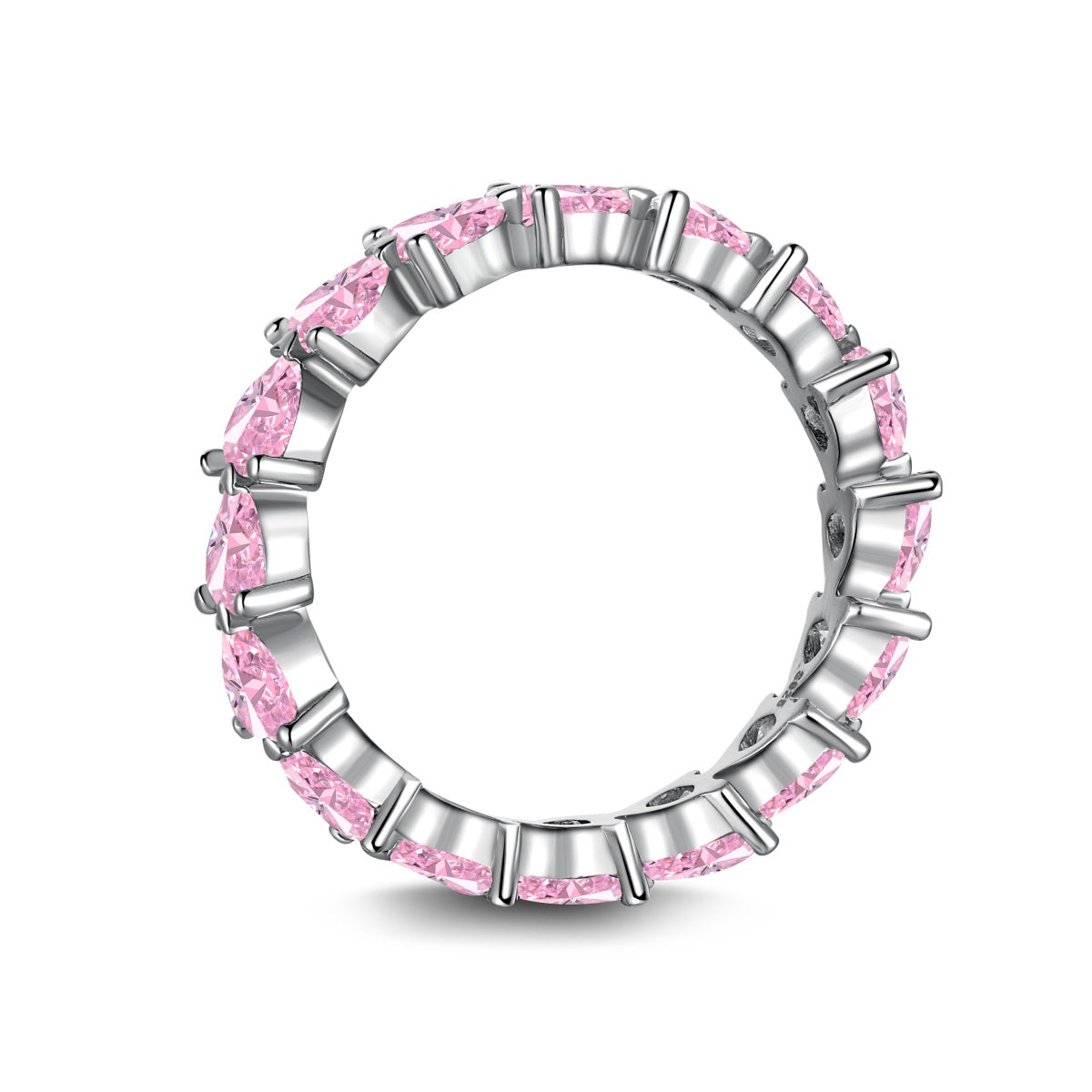 Silver pink ring with pink gemstones on a white background
