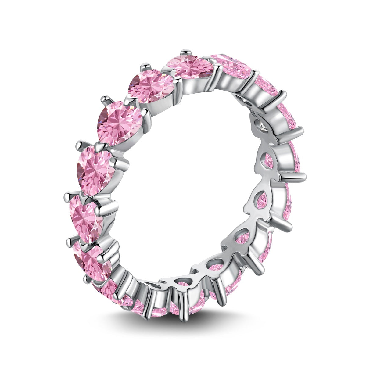 Silver ring with pink gemstones on a white background