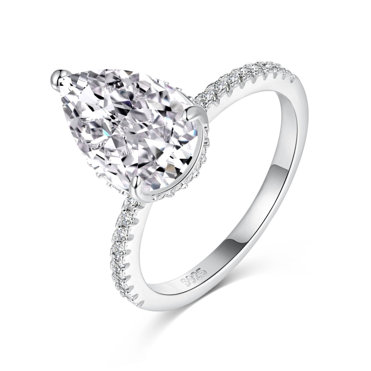 sideview of teardrop diamond ring on white background