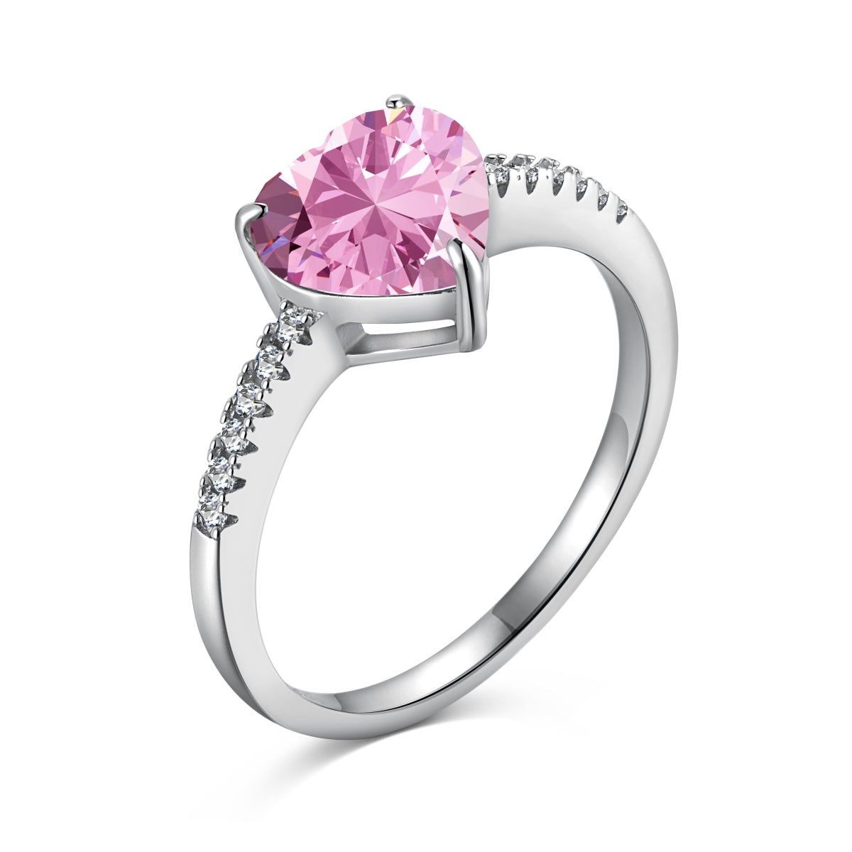 Silver ring with a pink gemstone on a white background