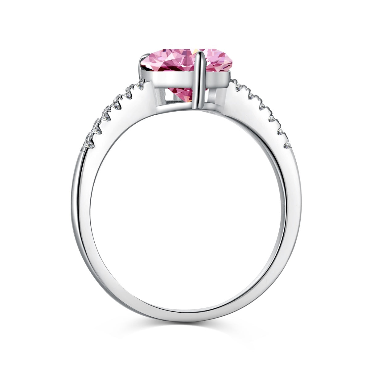 Silver ring with a pink gemstone on a white background