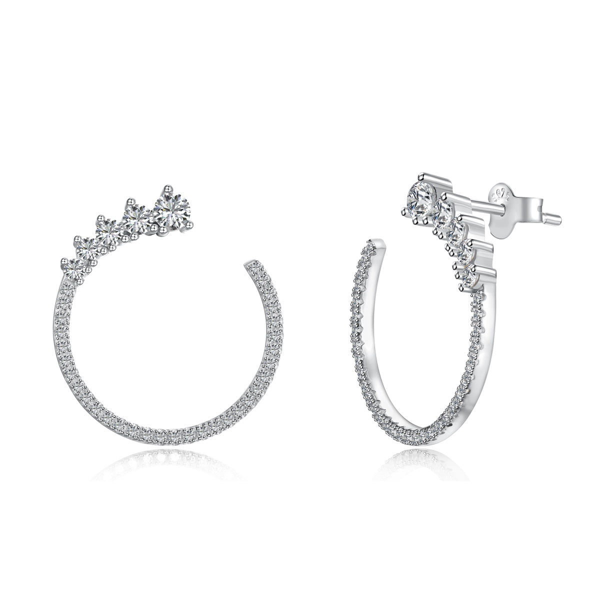 Silver hoop earrings with small diamonds on a white background