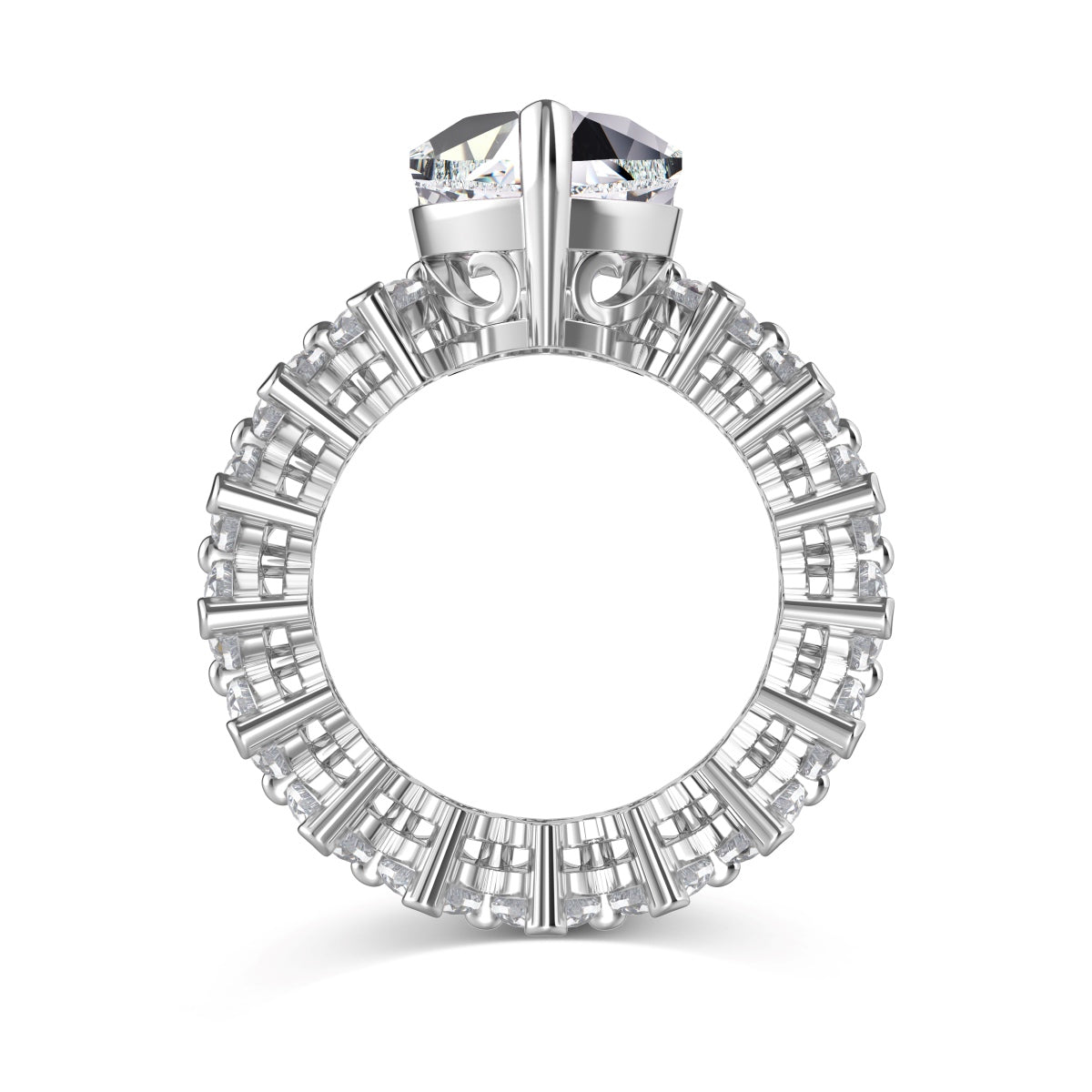 Silver ring with a large central gemstone and smaller stones around on a white background