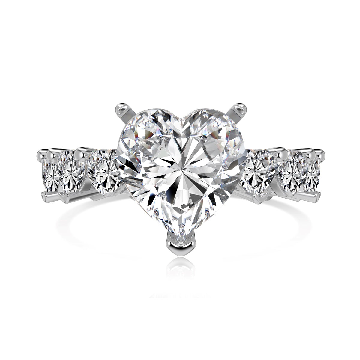 Heart-shaped diamond ring with three smaller diamonds on a white background