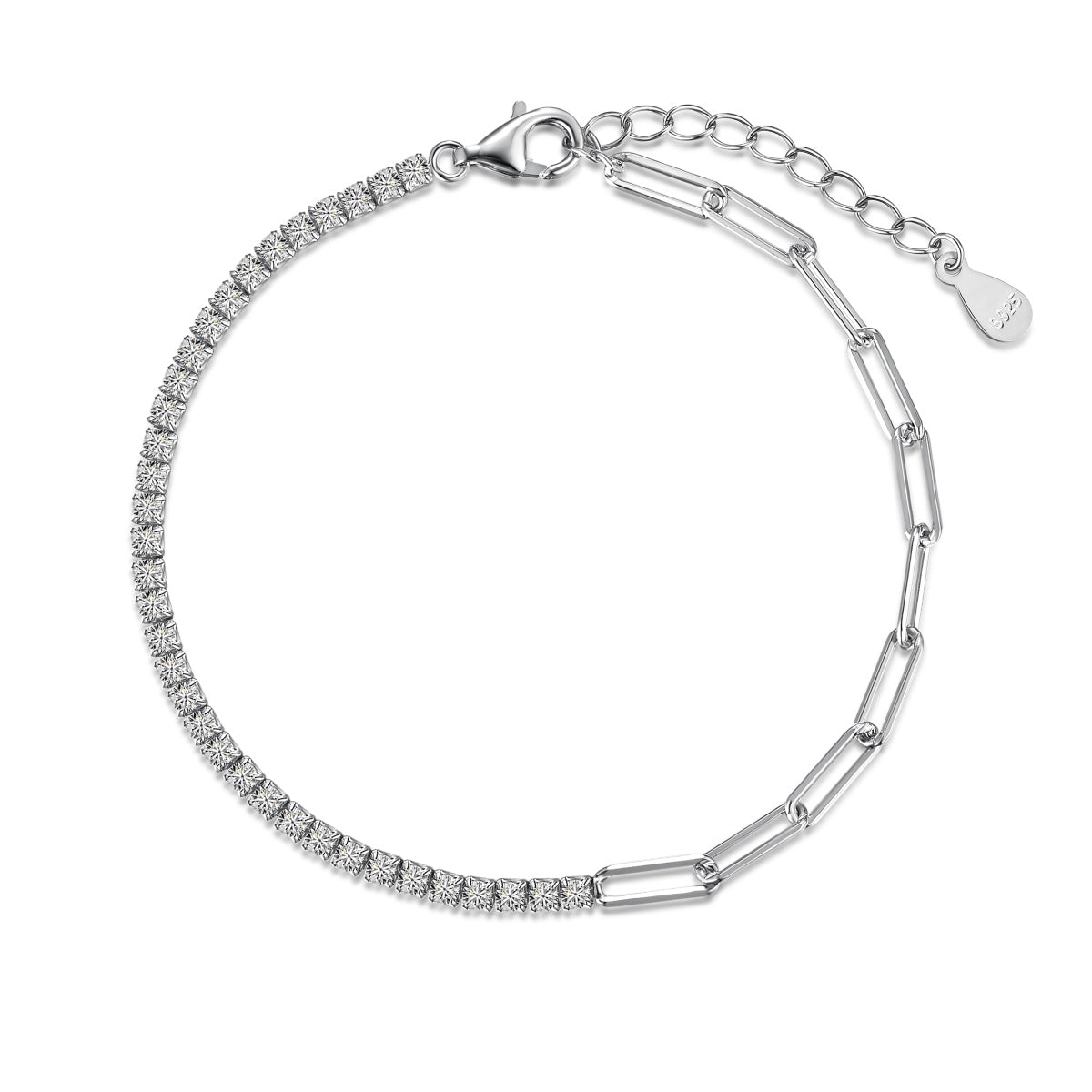 Silver tennis paperclip bracelet with diamond accents on a white background