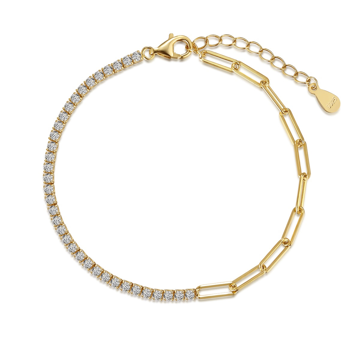 Gold paperclip chain tennis bracelet with diamond accents on a white background