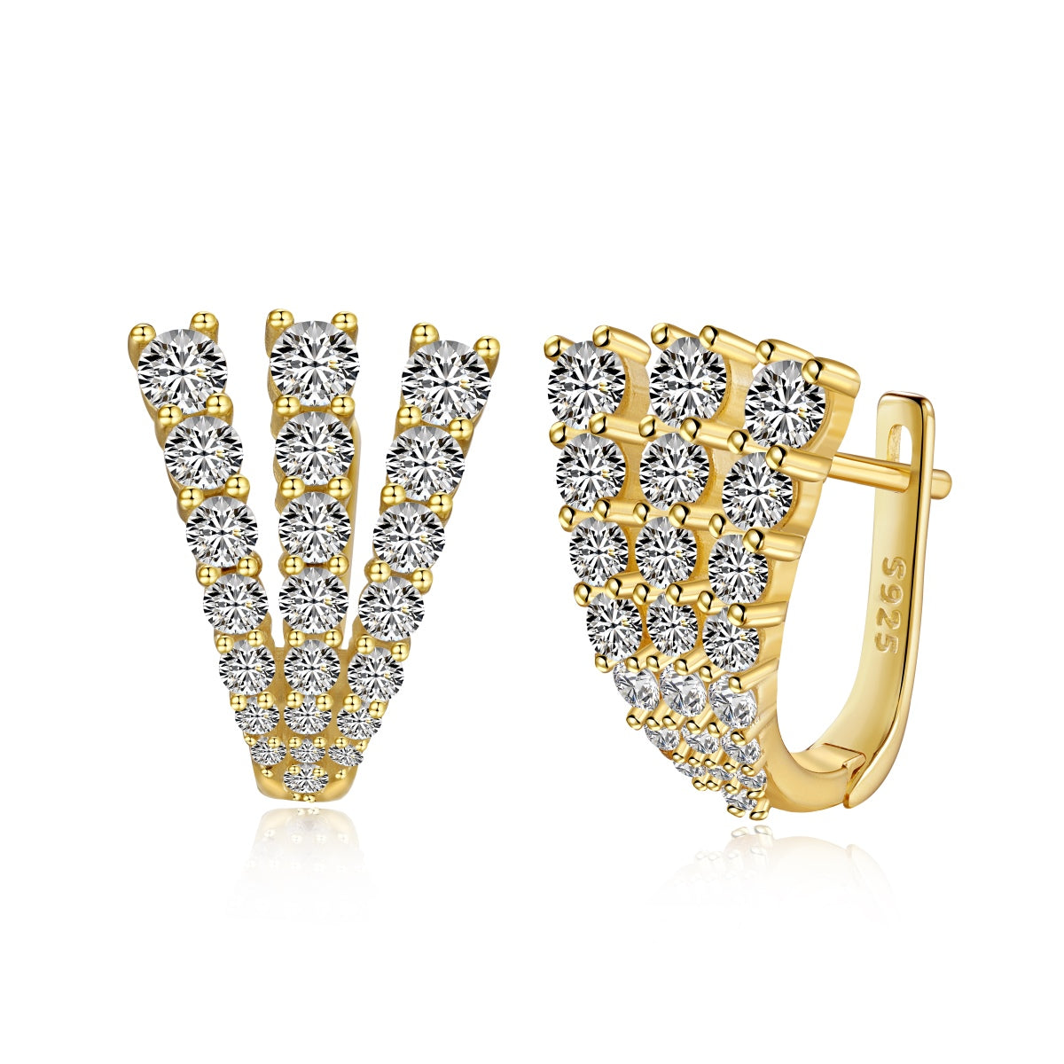 Gold hoop earrings with clear gemstones on a white background
