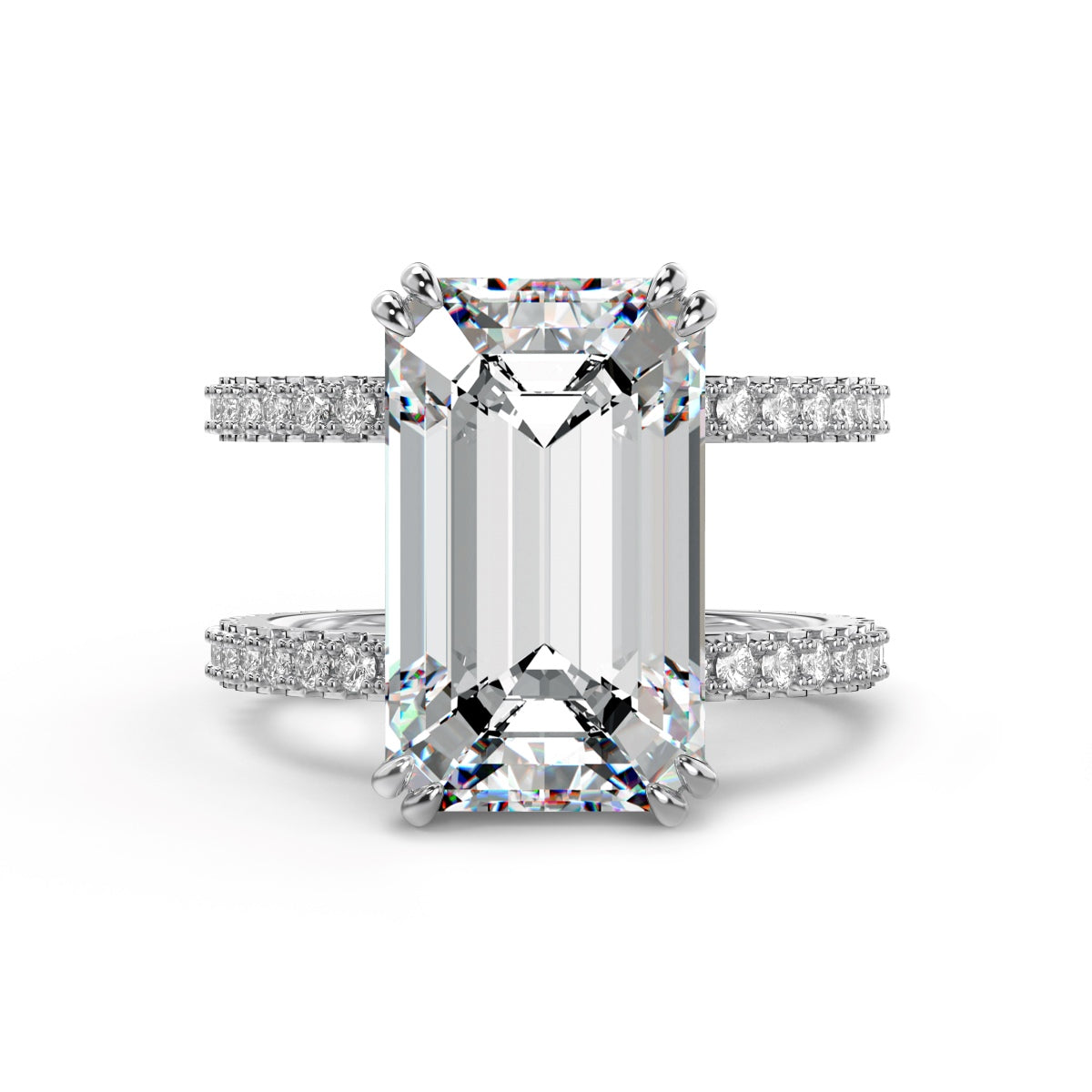 Diamond ring with emerald-cut center stone and smaller diamonds on a white background