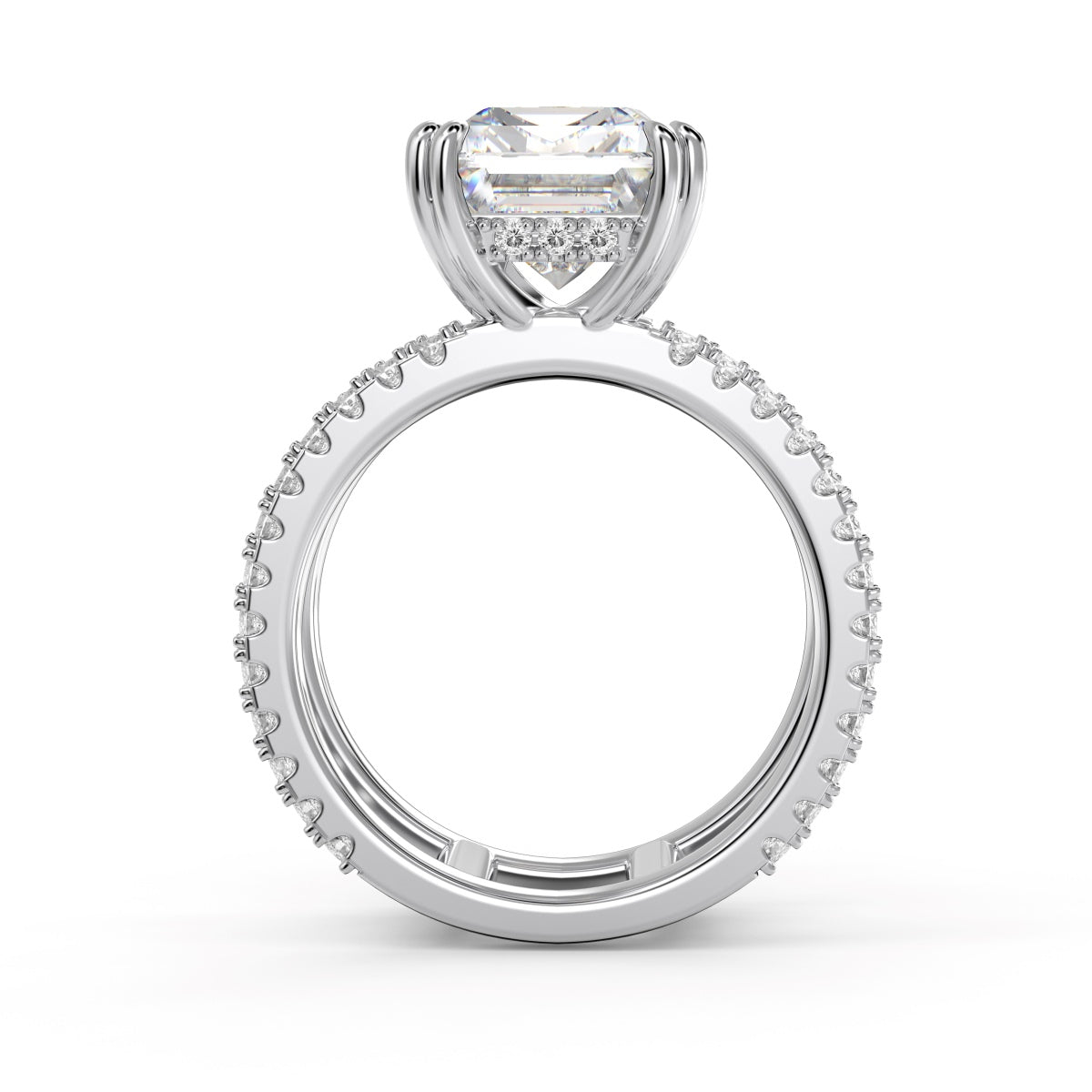 Diamond ring with a prominent central gemstone on a white background