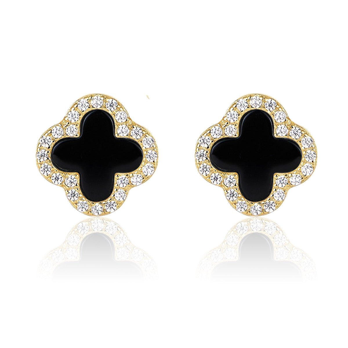 a pair of 14k gold black agate clover earrings on a white background
