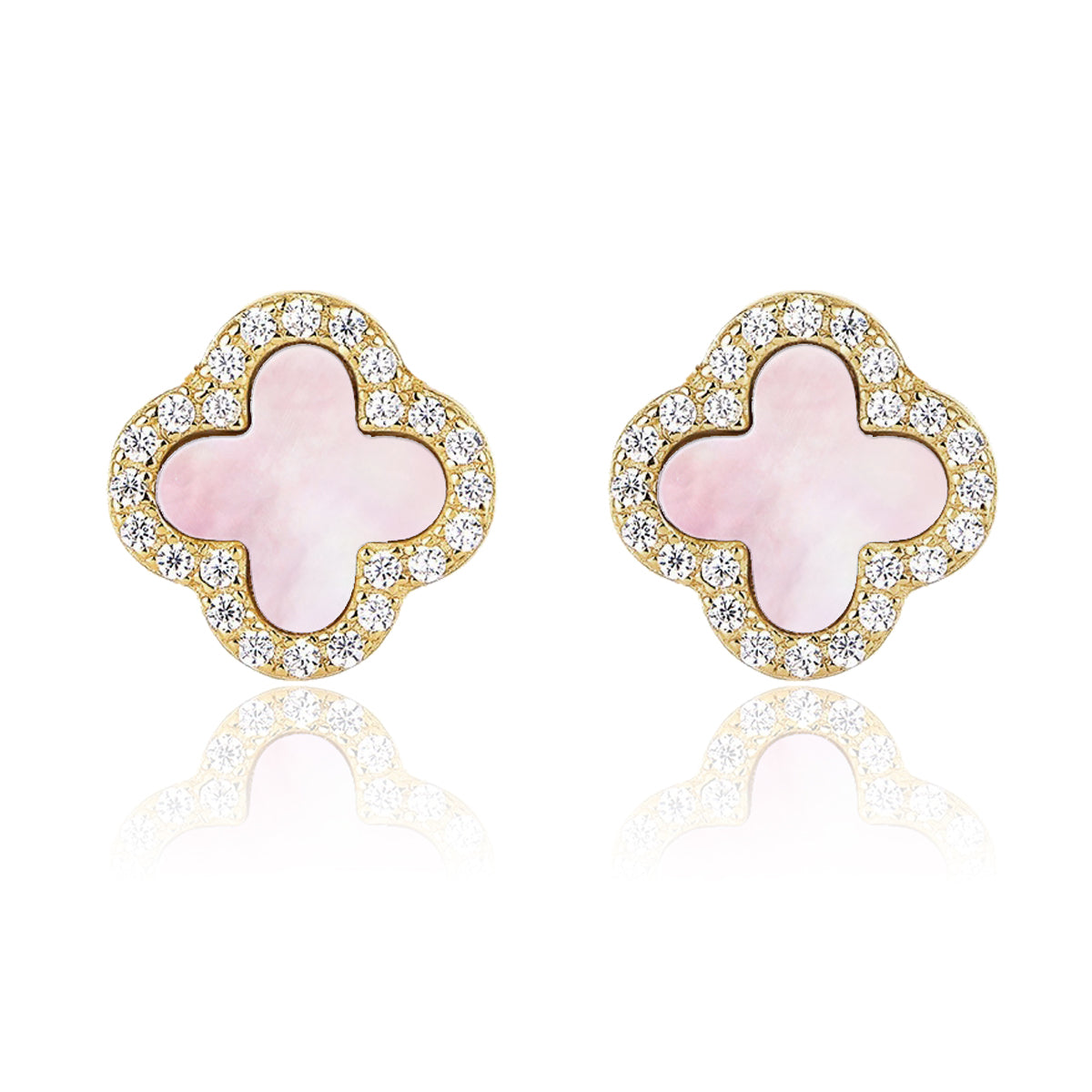 Pair of pink mother of pearl earrings with gold and crystal accents on a white background